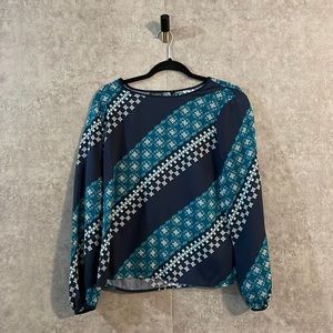 Talbots Navy Blue Teal Patterned Square Cut Tencel Blouse Long Sleeve